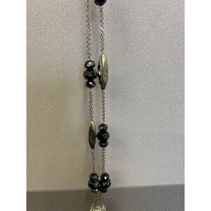 Silver Tone Statement Necklace Black Beads Beaded Rhinestones Tassel Long‎